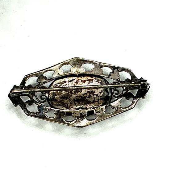 Antique Filigree Silver Tone Brooch With Hand-Painted Oval Glass Insert Depictin - Picture 6 of 6